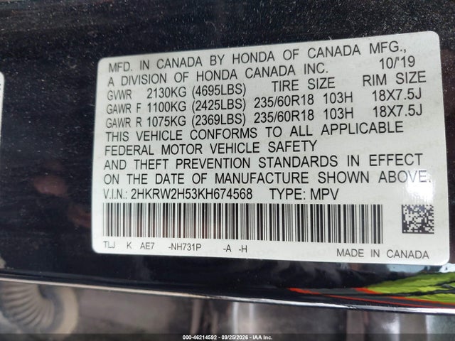 46214592 :رقم المزاد ، 2HKRW2H53KH674568 vin ، 2019 Honda Cr-v Ex مزاد بيع