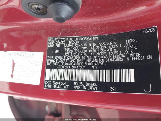 46214601 :رقم المزاد ، JTEHF21A130147609 vin ، 2003 Toyota Highlander V6 مزاد بيع