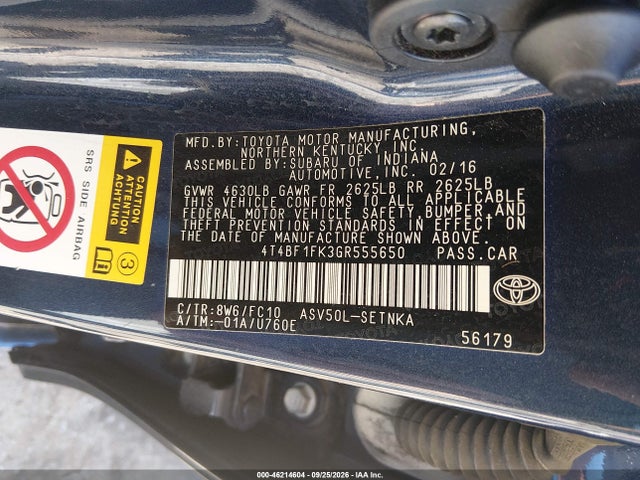 Продаж на аукціоні авто 2016 Toyota Camry Le, vin: 4T4BF1FK3GR555650, номер лоту: 46214604