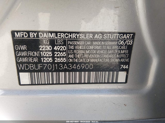 2003 Mercedes-benz E 500 მანქანა იყიდება აუქციონზე, vin: WDBUF70J13A346900, აუქციონის ნომერი: 46214605