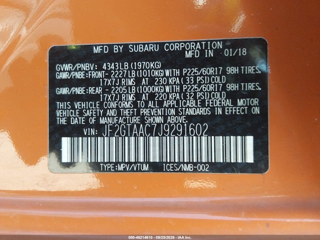 Продаж на аукціоні авто 2018 Subaru Crosstrek 2.0i, vin: JF2GTAAC7J9291602, номер лоту: 46214610