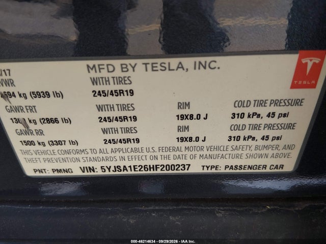 Aukcja sprzedaży 2017 Tesla Model S 100d/60d/75d/90d/p100d, vin: 5YJSA1E26HF200237, numer aukcji: 46214634