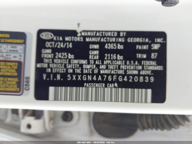 Aukcja sprzedaży 2015 Kia Optima Ex, vin: 5XXGN4A76FG420839, numer aukcji: 46214661