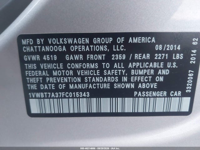 2015 Volkswagen Passat 1.8t Se მანქანა იყიდება აუქციონზე, vin: 1VWBT7A37FC015343, აუქციონის ნომერი: 46214666