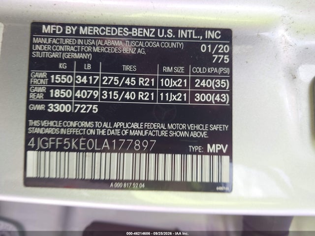 Продажа на аукционе авто 2020 Mercedes-benz Gls 450 4matic, vin: 4JGFF5KE0LA177897, номер лота: 46214686
