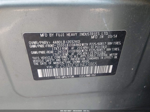2015 Subaru Forester 2.5i Premium მანქანა იყიდება აუქციონზე, vin: JF2SJADC9FH423865, აუქციონის ნომერი: 46214687