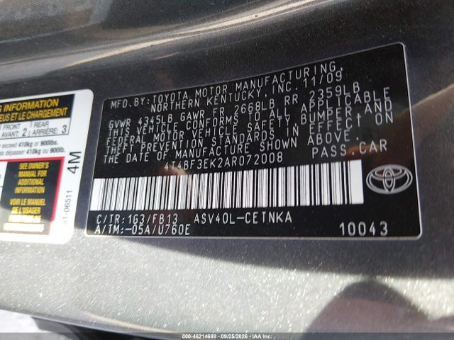 2010 Toyota Camry Le მანქანა იყიდება აუქციონზე, vin: 4T4BF3EK2AR072008, აუქციონის ნომერი: 46214688