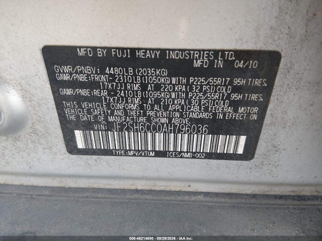 Продаж на аукціоні авто 2010 Subaru Forester 2.5x Premium, vin: JF2SH6CC0AH796036, номер лоту: 46214690