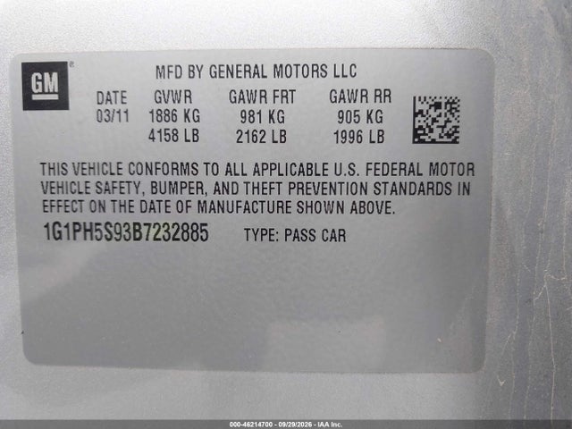 Aukcja sprzedaży 2011 Chevrolet Cruze Ltz, vin: 1G1PH5S93B7232885, numer aukcji: 46214700