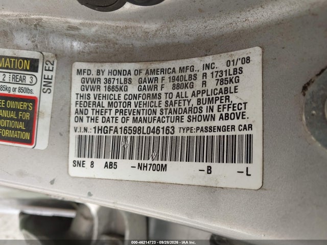 Продаж на аукціоні авто 2008 Honda Civic Lx, vin: 1HGFA16598L046163, номер лоту: 46214723