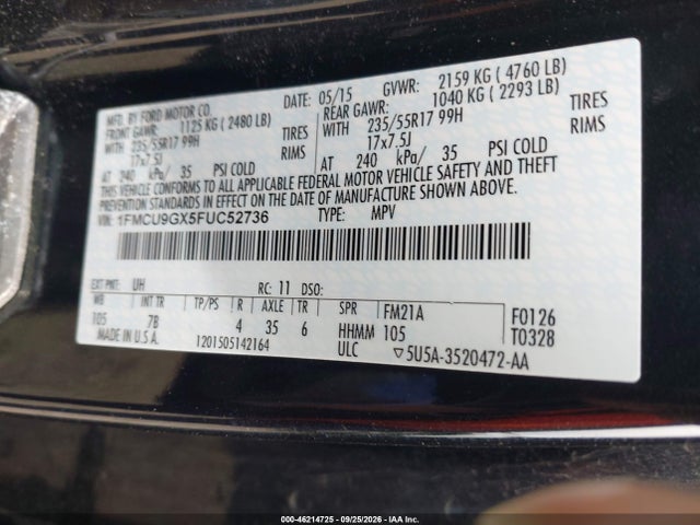 Ford ESCAPE SE 2015 1FMCU9GX5FUC52736 Image 9