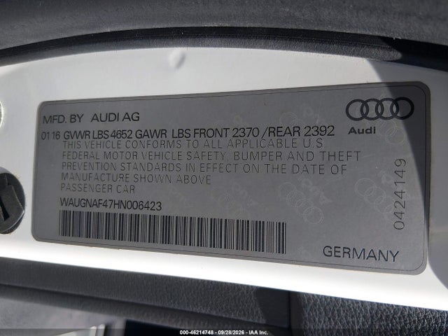 46214748 :رقم المزاد ، WAUGNAF47HN006423 vin ، 2017 Audi A4 2.0t Premium مزاد بيع
