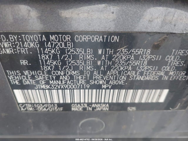 46214752 :رقم المزاد ، JTMBK32VX9D007119 vin ، 2009 Toyota Rav4 Sport V6 مزاد بيع