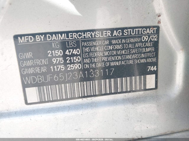 2003 Mercedes-benz E 320 მანქანა იყიდება აუქციონზე, vin: WDBUF65J23A133117, აუქციონის ნომერი: 46214803