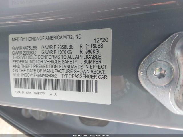 2021 Honda Accord Sport Special Edition მანქანა იყიდება აუქციონზე, vin: 1HGCV1F46MA024352, აუქციონის ნომერი: 46214805