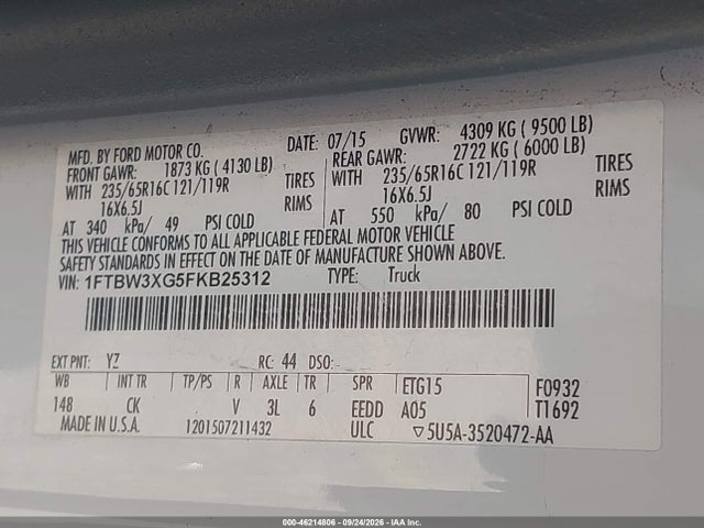 46214806 :رقم المزاد ، 1FTBW3XG5FKB25312 vin ، 2015 Ford Transit-350 مزاد بيع