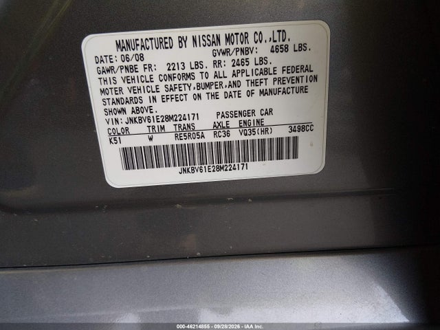 Auction sale of the 2008 Infiniti G35 Journey, vin: JNKBV61E28M224171, lot number: 46214855