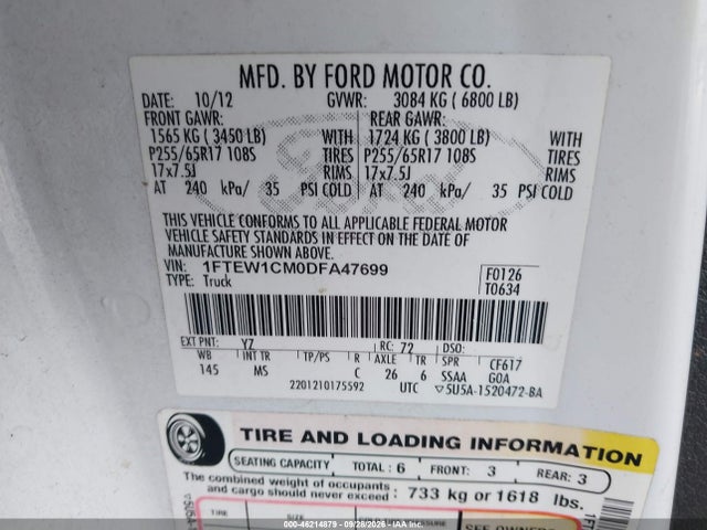 46214879 :رقم المزاد ، 1FTEW1CM0DFA47699 vin ، 2013 Ford F-150 Xlt مزاد بيع