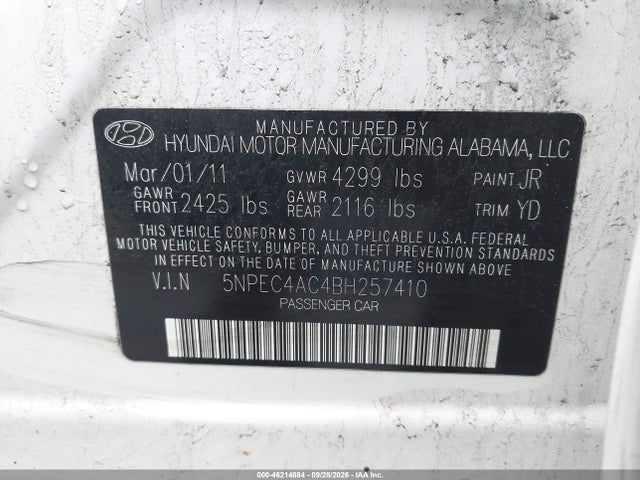 Продажа на аукционе авто 2011 Hyundai Sonata Limited, vin: 5NPEC4AC4BH257410, номер лота: 46214884