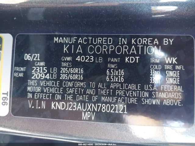 2022 Kia Soul Lx მანქანა იყიდება აუქციონზე, vin: KNDJ23AUXN7802121, აუქციონის ნომერი: 46214890