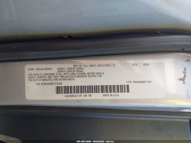 Продаж на аукціоні авто 2006 Subaru Legacy 2.5i, vin: 4S3BL626867218188, номер лоту: 46214896