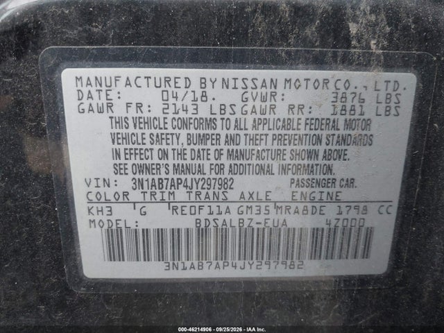 Продажа на аукционе авто 2018 Nissan Sentra S, vin: 3N1AB7AP4JY297982, номер лота: 46214906