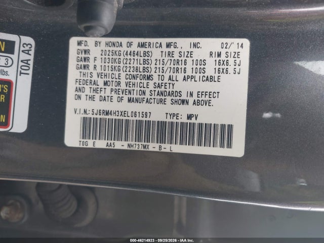 46214923 :رقم المزاد ، 5J6RM4H3XEL061597 vin ، 2014 Honda Cr-v Lx مزاد بيع