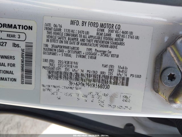 2017 Ford Fusion Titanium მანქანა იყიდება აუქციონზე, vin: 3FA6P0K99HR168030, აუქციონის ნომერი: 46214929