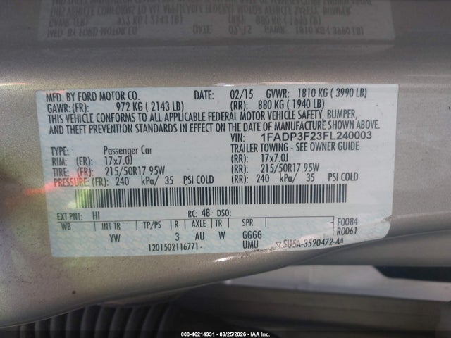 2015 Ford Focus Se მანქანა იყიდება აუქციონზე, vin: 1FADP3F23FL240003, აუქციონის ნომერი: 46214931
