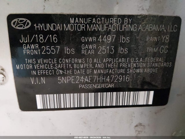 Продажа на аукционе авто 2017 Hyundai Sonata, vin: 5NPE24AF7HH472916, номер лота: 46214939