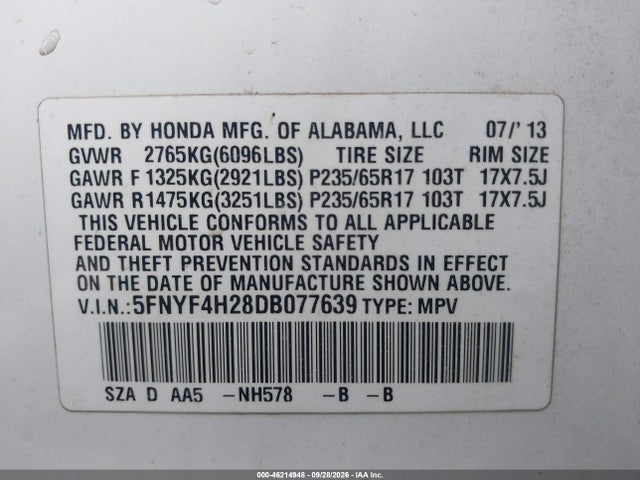 Продажа на аукционе авто 2013 Honda Pilot Lx, vin: 5FNYF4H28DB077639, номер лота: 46214948