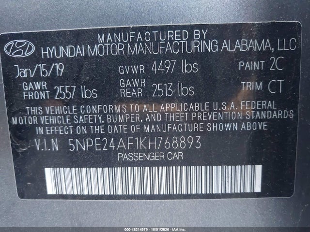 Продажа на аукционе авто 2019 Hyundai Sonata Se, vin: 5NPE24AF1KH768893, номер лота: 46214979