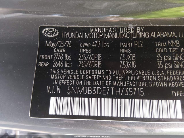 46214983 :رقم المزاد ، 5NMJB3DE7TH735715 vin ، 2026 Hyundai Tucson Sel مزاد بيع
