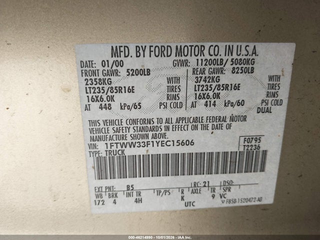 46214990 :رقم المزاد ، 1FTWW33F1YEC15606 vin ، 2000 Ford Super Duty F-350 Drw Lariat/xl/xlt مزاد بيع