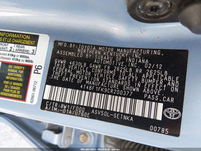 46215002 :رقم المزاد ، 4T4BF1FK9CR200377 vin ، 2012 Toyota Camry Le مزاد بيع