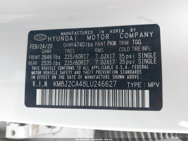 Продаж на аукціоні авто 2020 Hyundai Tucson Se, vin: KM8J2CA48LU246627, номер лоту: 46215008