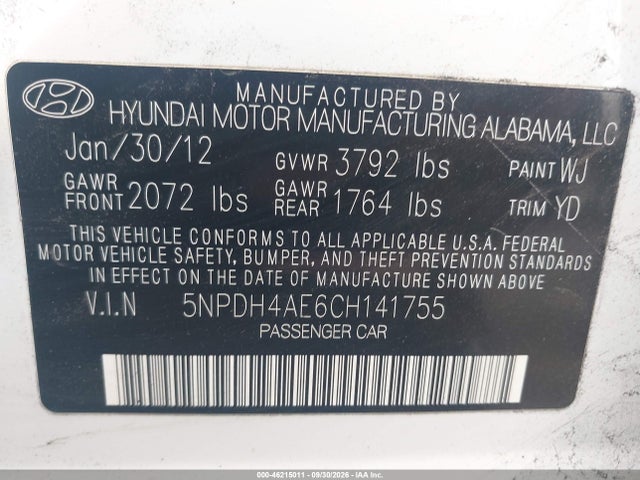 Aukcja sprzedaży 2012 Hyundai Elantra Gls, vin: 5NPDH4AE6CH141755, numer aukcji: 46215011