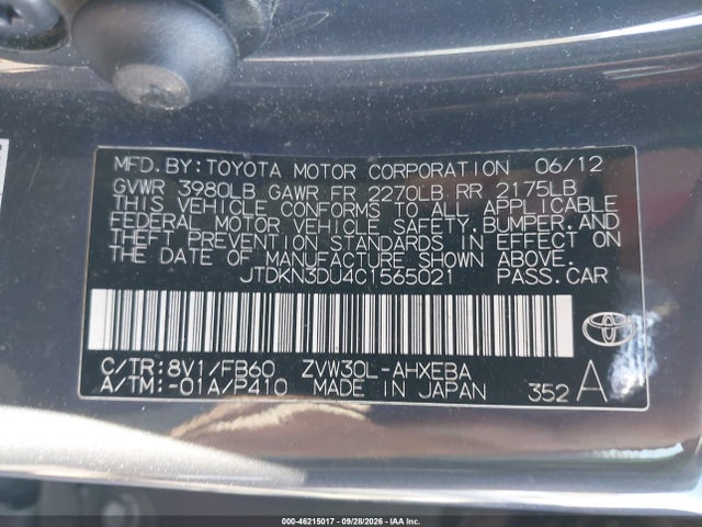 Продаж на аукціоні авто 2012 Toyota Prius Five/four/one/three/two, vin: JTDKN3DU4C1565021, номер лоту: 46215017