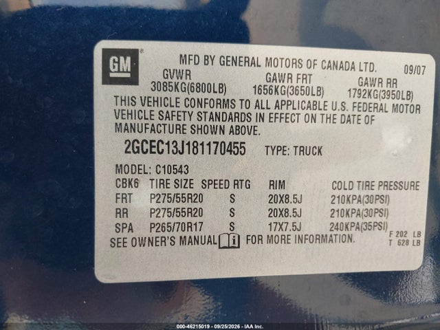 Aukcja sprzedaży 2008 Chevrolet Silverado 1500 Ltz, vin: 2GCEC13J181170455, numer aukcji: 46215019