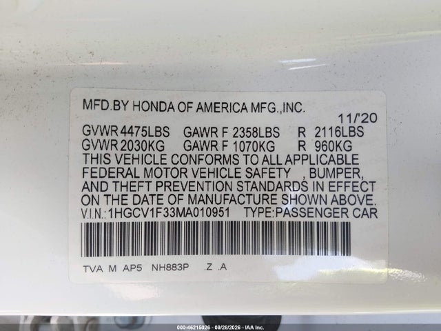 Продаж на аукціоні авто 2021 Honda Accord Sport, vin: 1HGCV1F33MA010951, номер лоту: 46215026