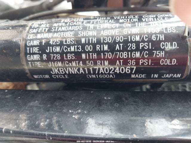 2007 Kawasaki Vn1600 A1 მანქანა იყიდება აუქციონზე, vin: JKBVNKA117A024067, აუქციონის ნომერი: 46215030