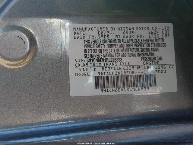 Aukcja sprzedaży 2024 Nissan Versa 1.6 Sv, vin: 3N1CN8EV1RL926833, numer aukcji: 46215035