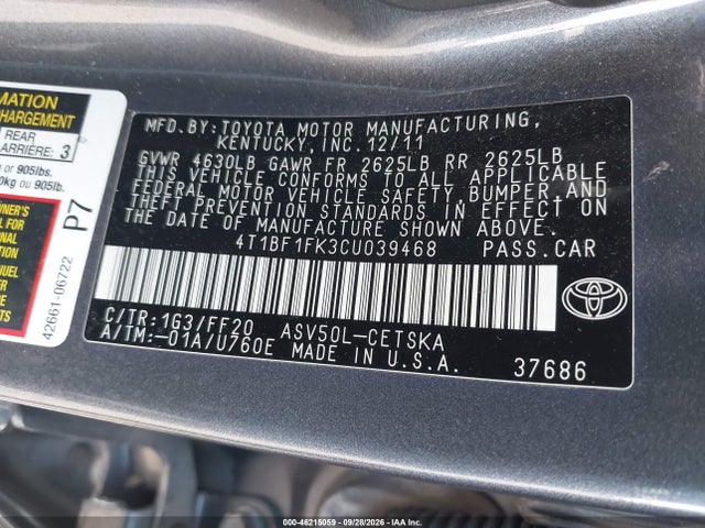 Продаж на аукціоні авто 2012 Toyota Camry Se, vin: 4T1BF1FK3CU039468, номер лоту: 46215059