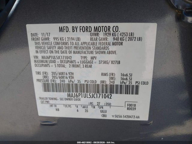 2018 Ford Ecosport Se მანქანა იყიდება აუქციონზე, vin: MAJ6P1UL5JC171042, აუქციონის ნომერი: 46215062