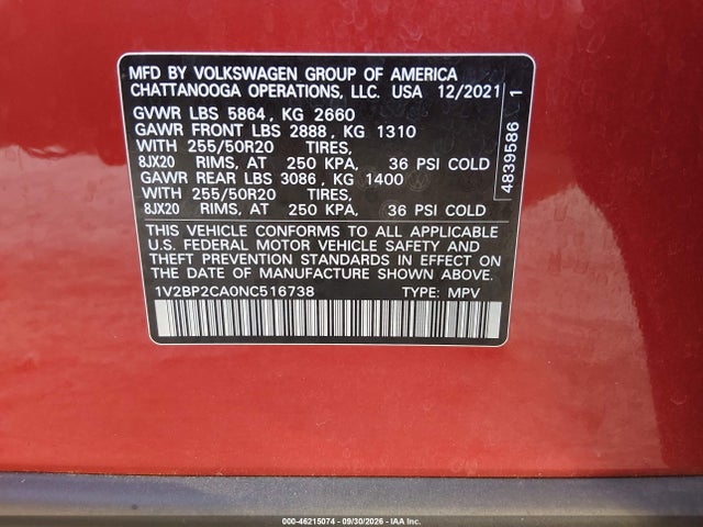 46215074 :رقم المزاد ، 1V2BP2CA0NC516738 vin ، 2022 Volkswagen Atlas 2.0t Sel مزاد بيع