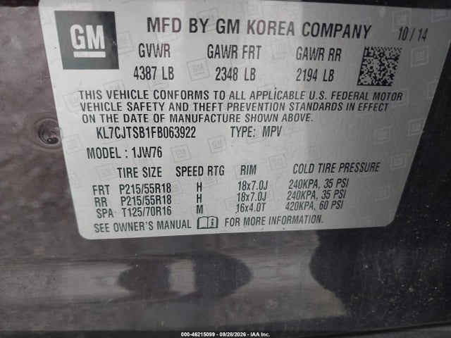 Aukcja sprzedaży 2015 Chevrolet Trax Ltz, vin: KL7CJTSB1FB063922, numer aukcji: 46215099