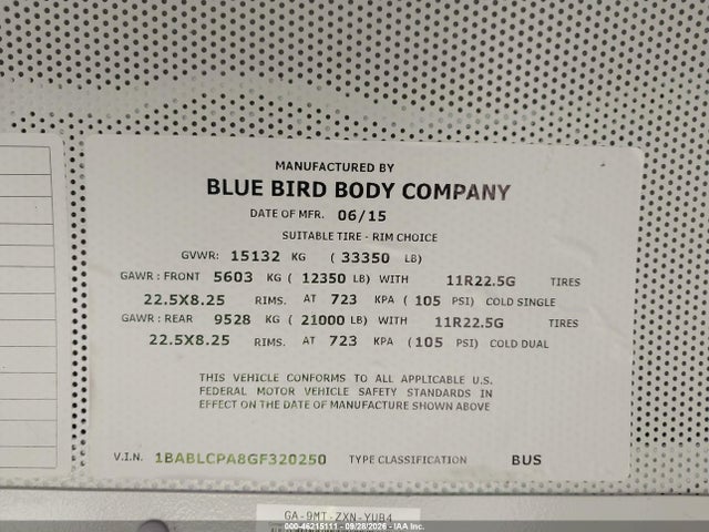 46215111 :رقم المزاد ، 1BABLCPA8GF320250 vin ، 2016 Blue Bird School Bus / Transit Bus مزاد بيع