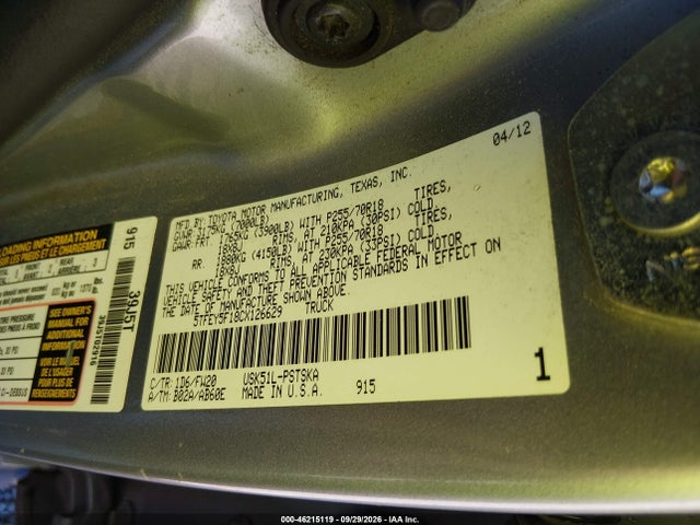 2012 Toyota Tundra Grade 5.7l V8 მანქანა იყიდება აუქციონზე, vin: 5TFEY5F18CX126629, აუქციონის ნომერი: 46215119