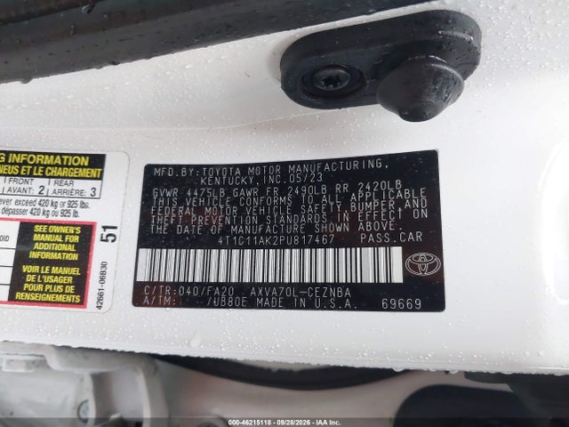 46215118 :رقم المزاد ، 4T1C11AK2PU817467 vin ، 2023 Toyota Camry Le مزاد بيع