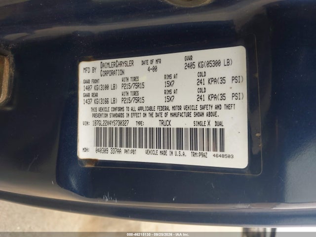 46215130 :رقم المزاد ، 1B7GL22X4YS730327 vin ، 2000 Dodge Dakota Slt/sport مزاد بيع